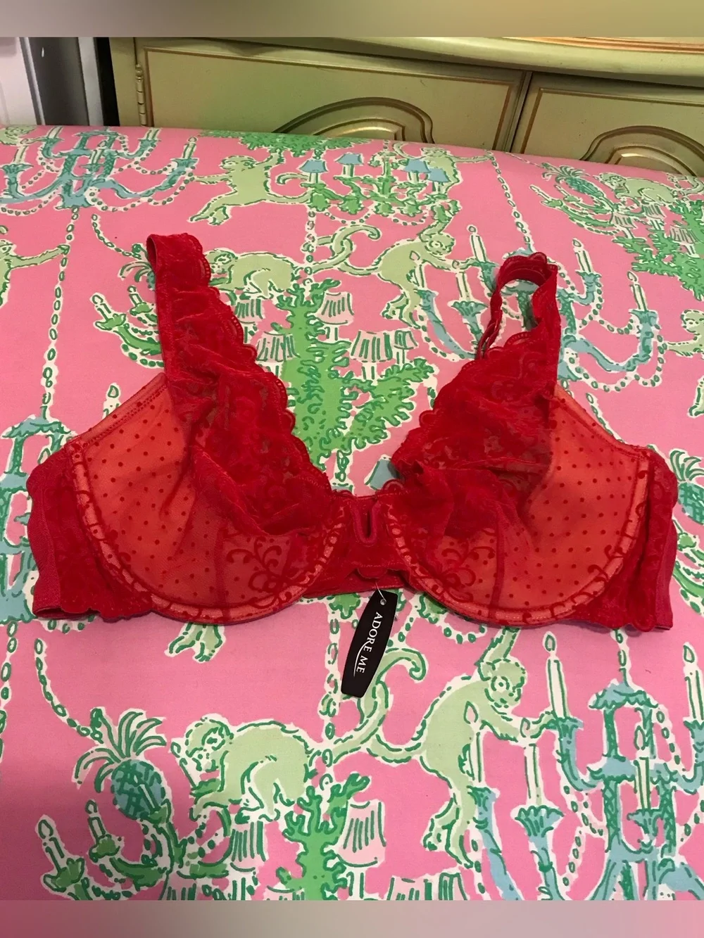 Adore Me chili pepper Red Velvet Lace Swiss dot Plunge Bra size 38C